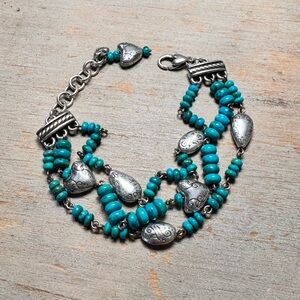 Brighton Turquoise Beaded Silver Heart Charm Bracelet